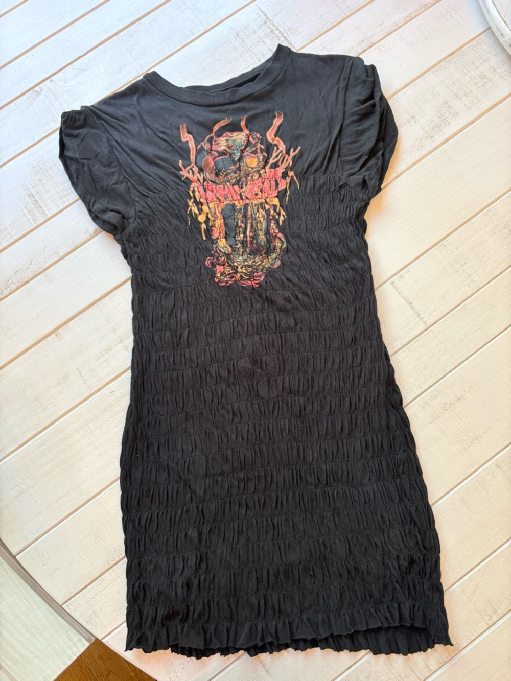 Urban Outfitters Black Smocked Tee Dress with Colorful Skull Graphic